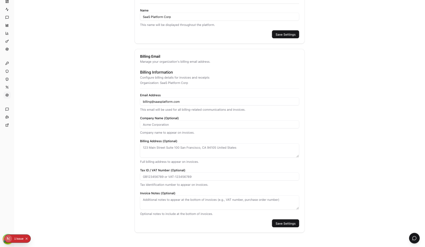 Billing email and billing information settings