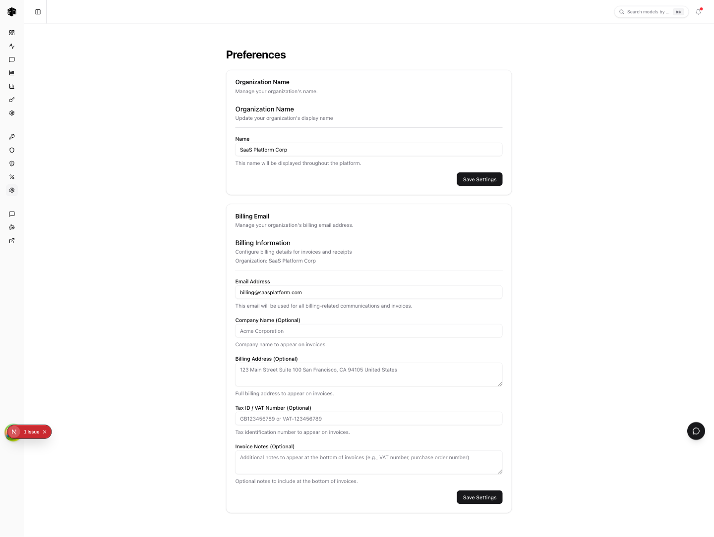Org Preferences showing organization name settings